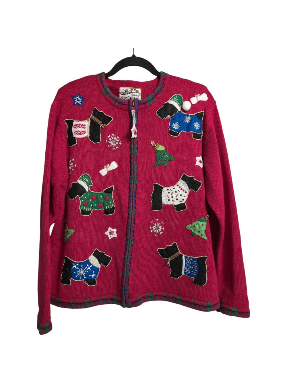VTG Heirloom Collectibles Red Christmas Dog Applique Cardigan Sweater Size M